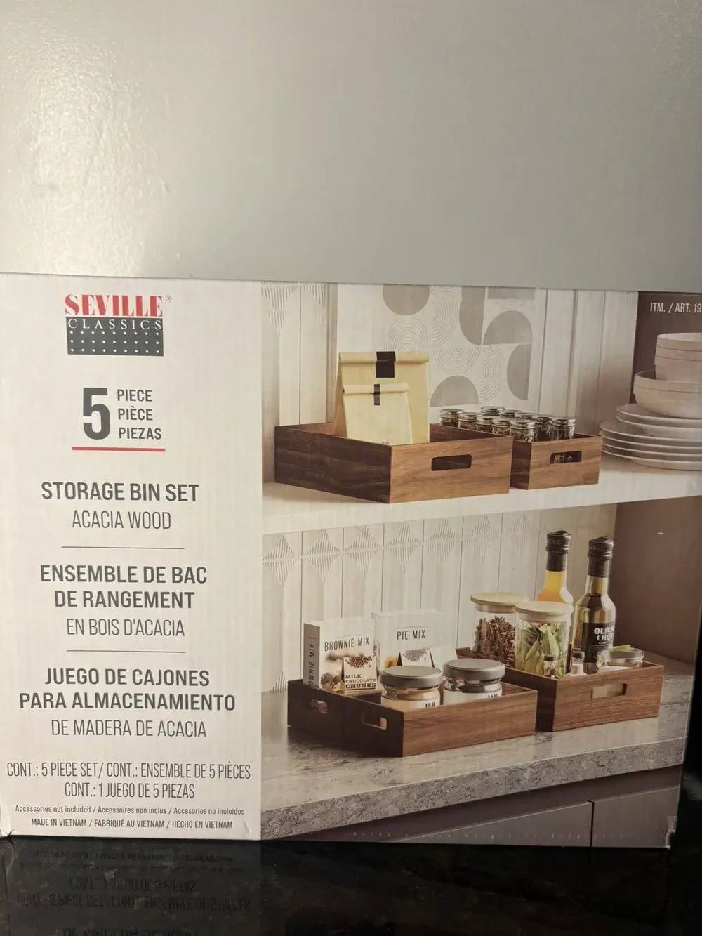 Seville Classics Acacia Wood Storage Bin Set, 5-piece. NEW